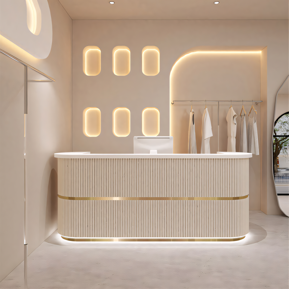 Curved Fully Assembled Reception Desk with LED Lights for Clothing Store JDT-7190
